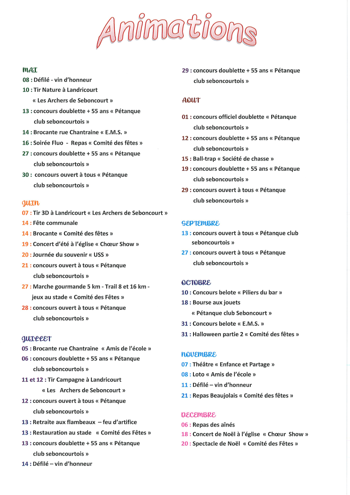 Calendrier des animations 2026